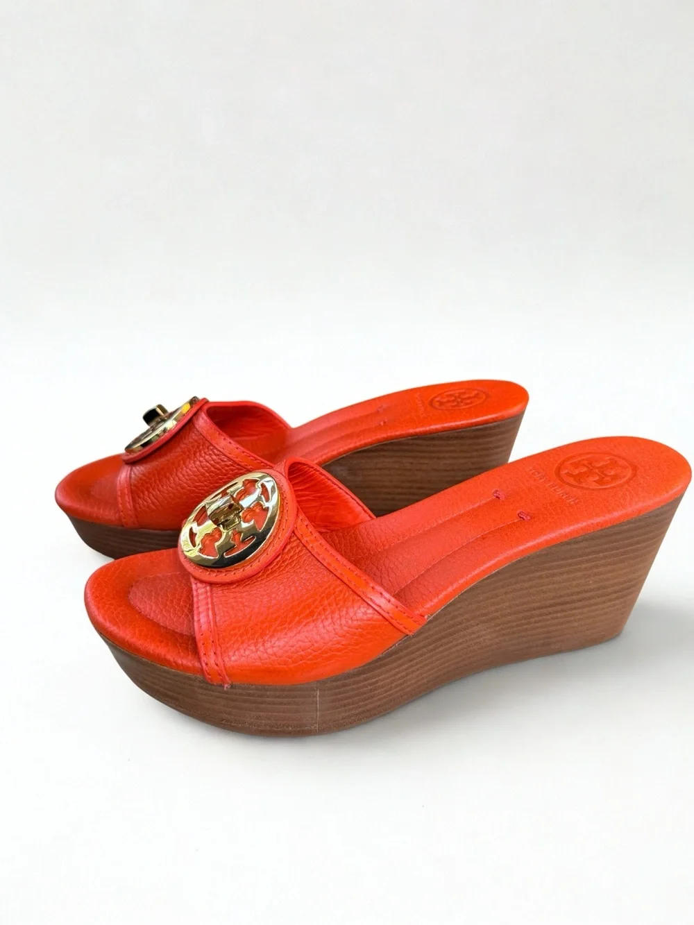 Tory Burch Selma Orange Leather Gold Logo Wedge Slide Sandals Size 6.5M